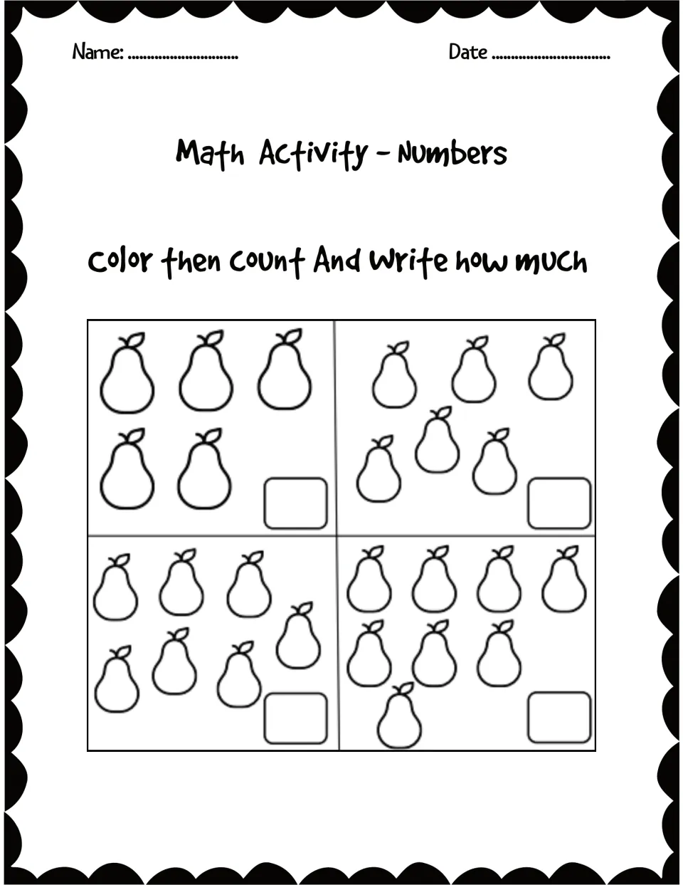 Color then count: students color groups of 5, 6, 7 and 8 pears, then count each group and write the number in its box