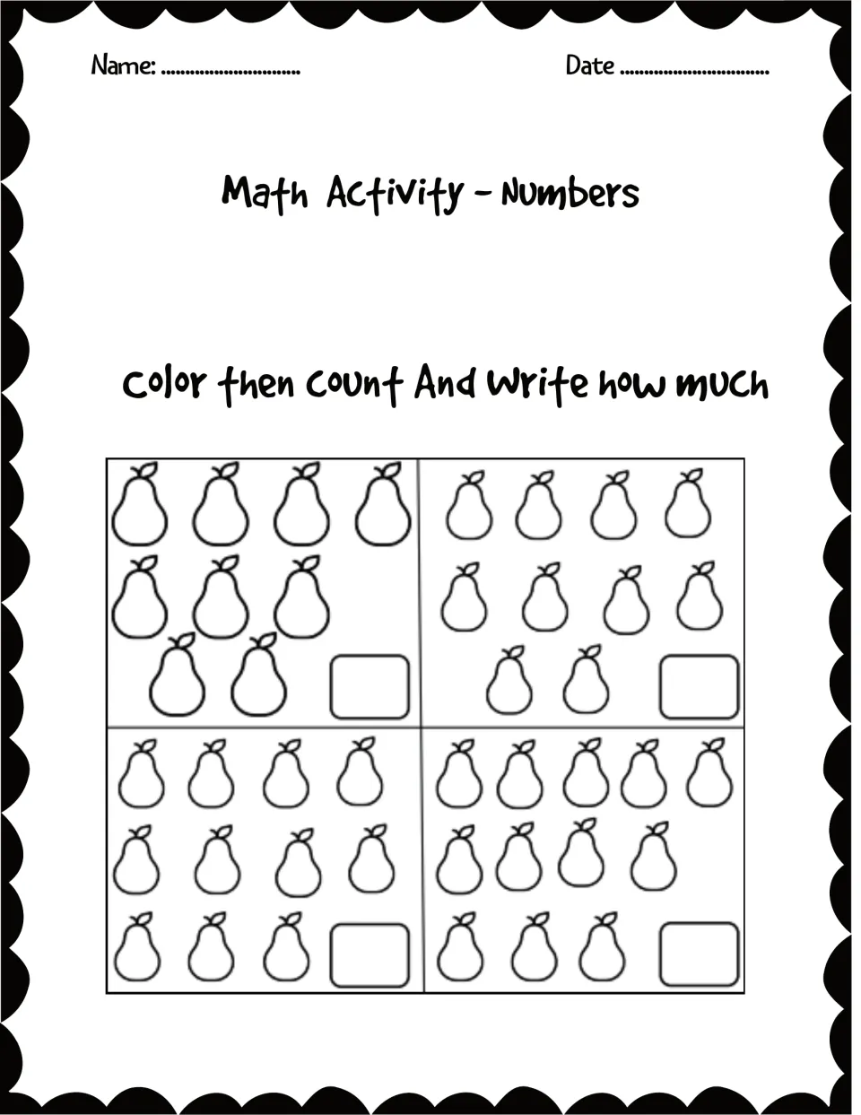 Color and count pears: students color groups of 9, 10, 11 and 12 pears, then write each total to practise counting past ten