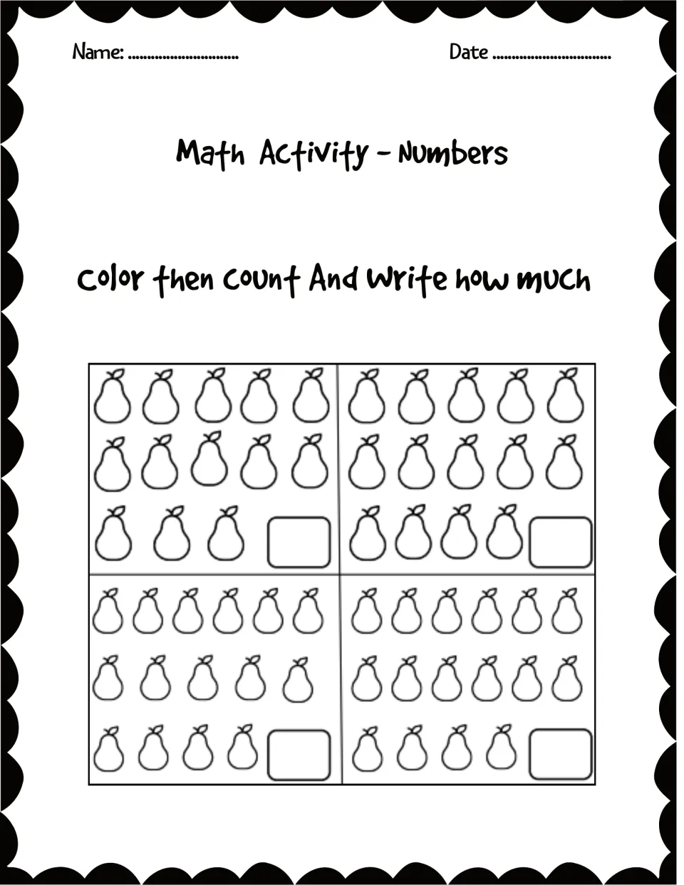 Counting pears to 16: students color groups of 13, 14, 15 and 16 pears, count each set and write how many in the box