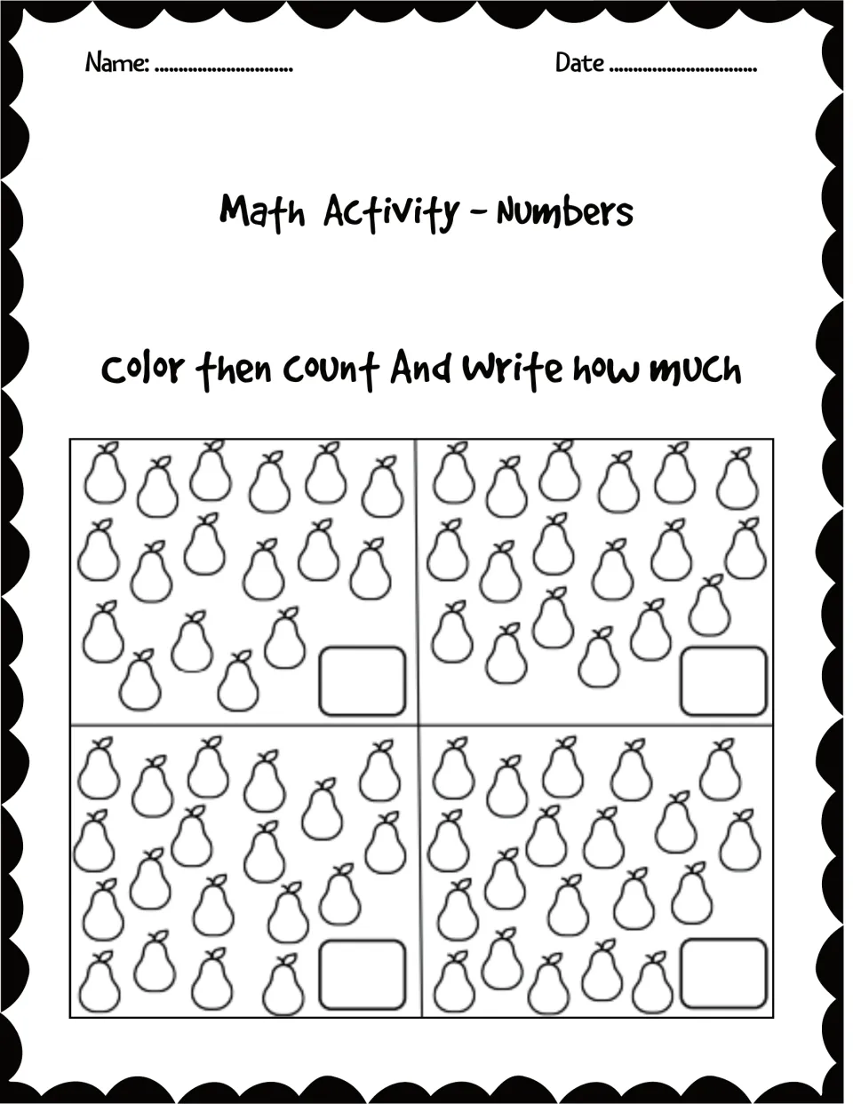 Color then count large sets: students color four scattered groups of many pears, count each one and write the total