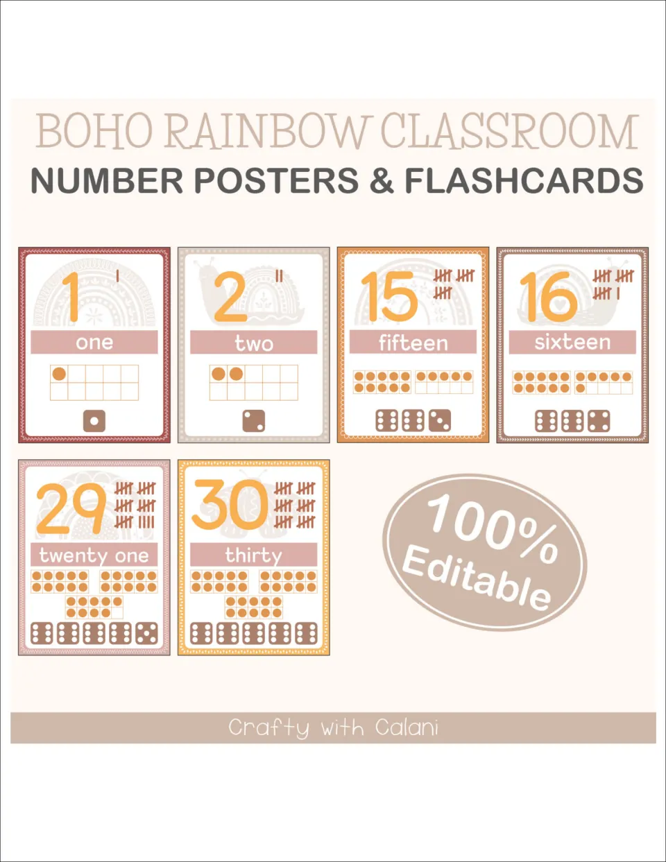 Cover of the boho rainbow number poster and flashcard set, showing sample numbers 1, 2, 15, 16, 29, and 30