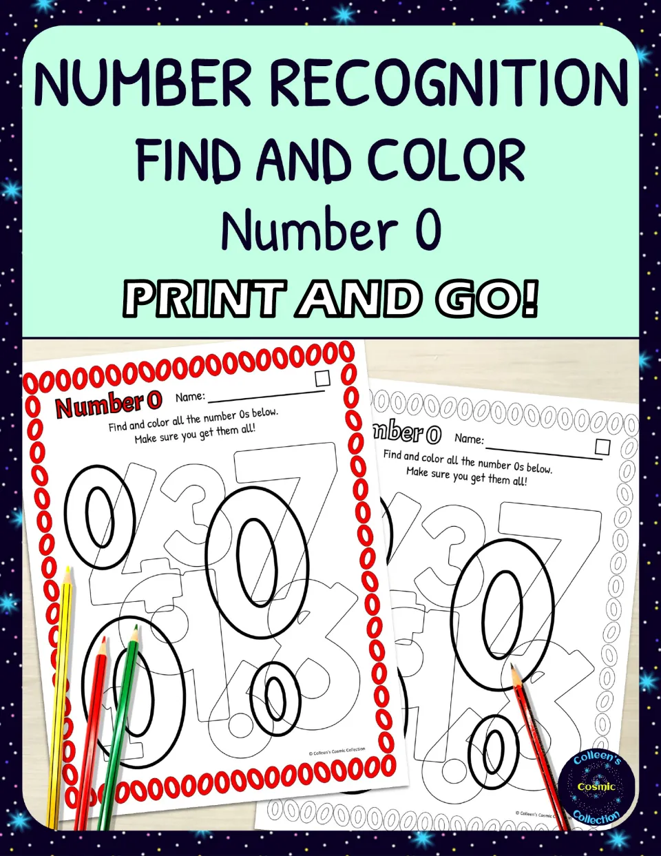 Cover for number 0 find-and-color worksheets, showing color and black-and-white versions of the activity