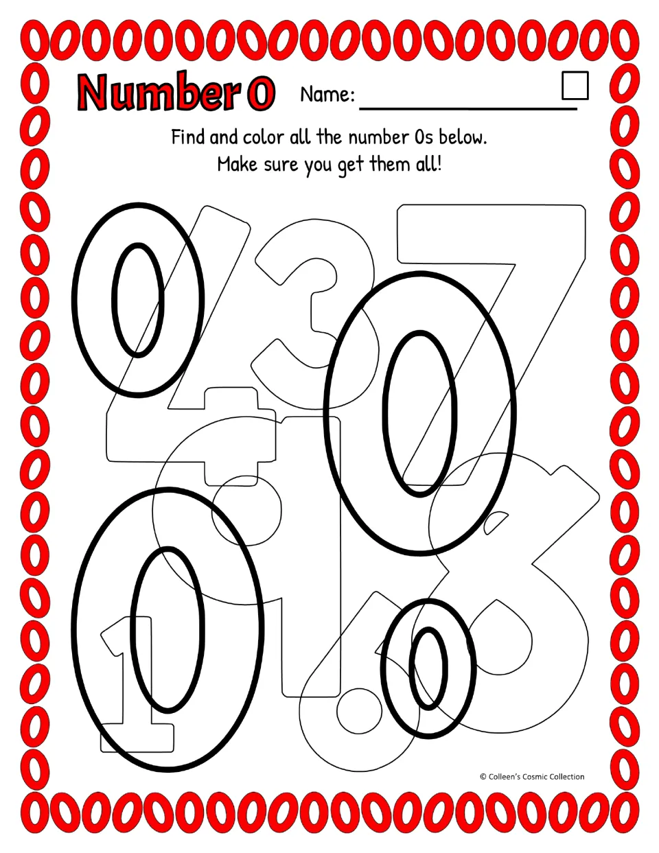 Easy number 0 activity in color: find four bold zeros among overlapping numerals, using American spelling