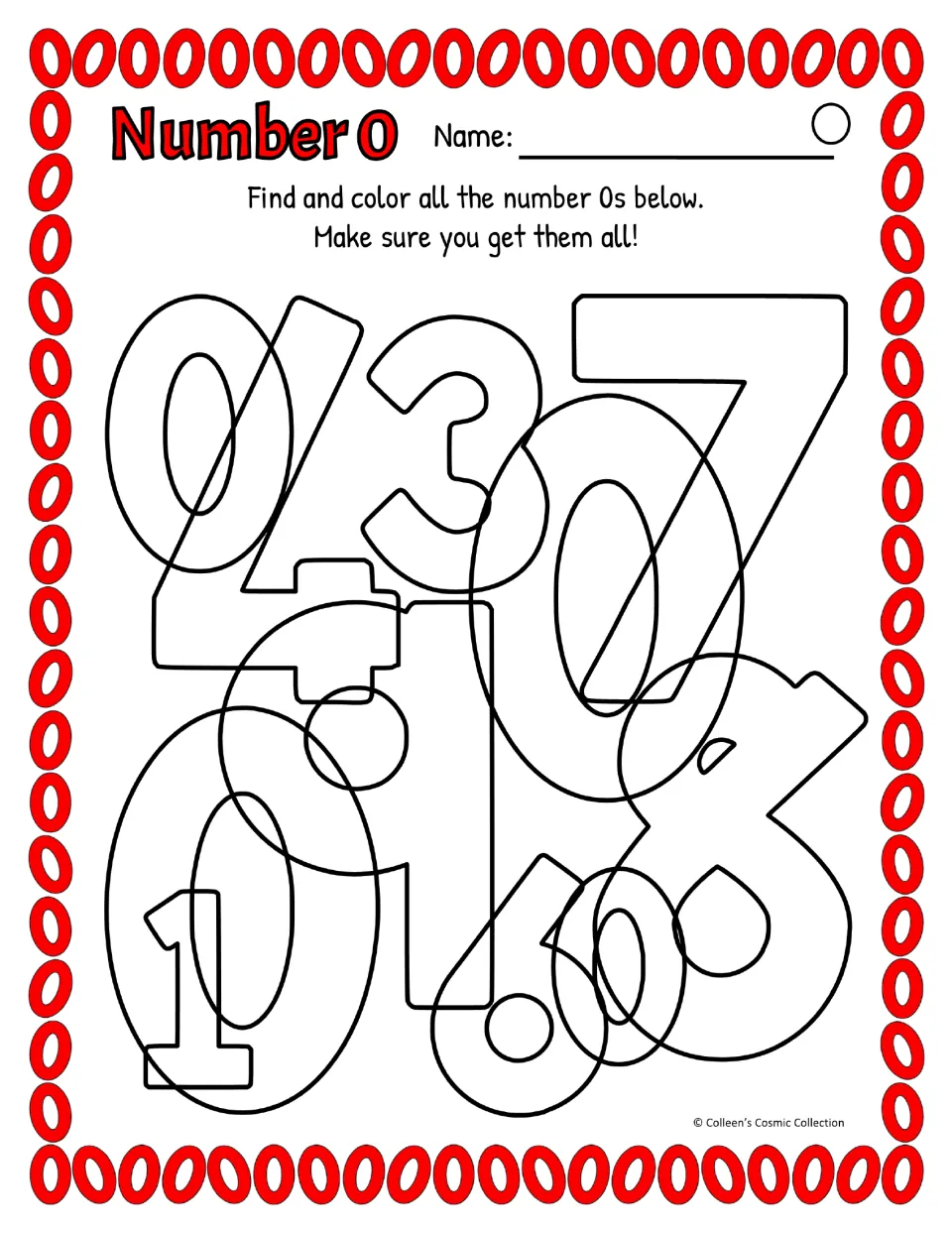 Difficult number 0 activity in color: find four zeros among overlapping numerals, using American spelling