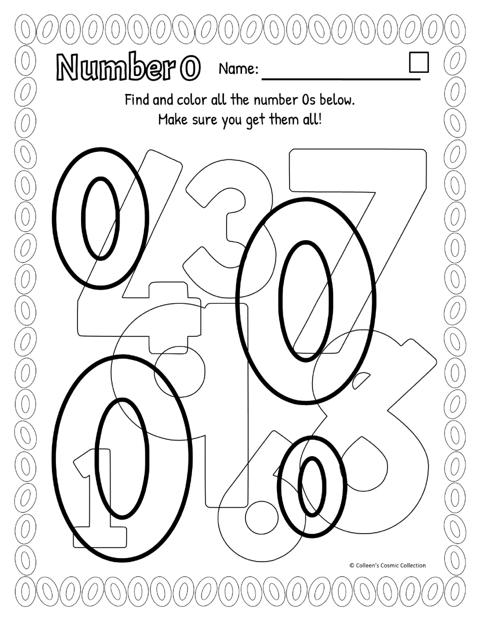 Easy black-and-white number 0 activity uses American spelling and four bold zeros among overlapping numerals