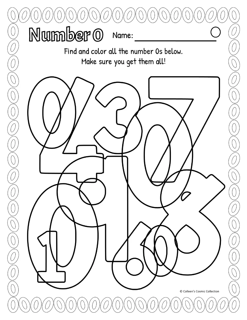 Difficult black-and-white number 0 activity uses American spelling; students find four overlapping zeros