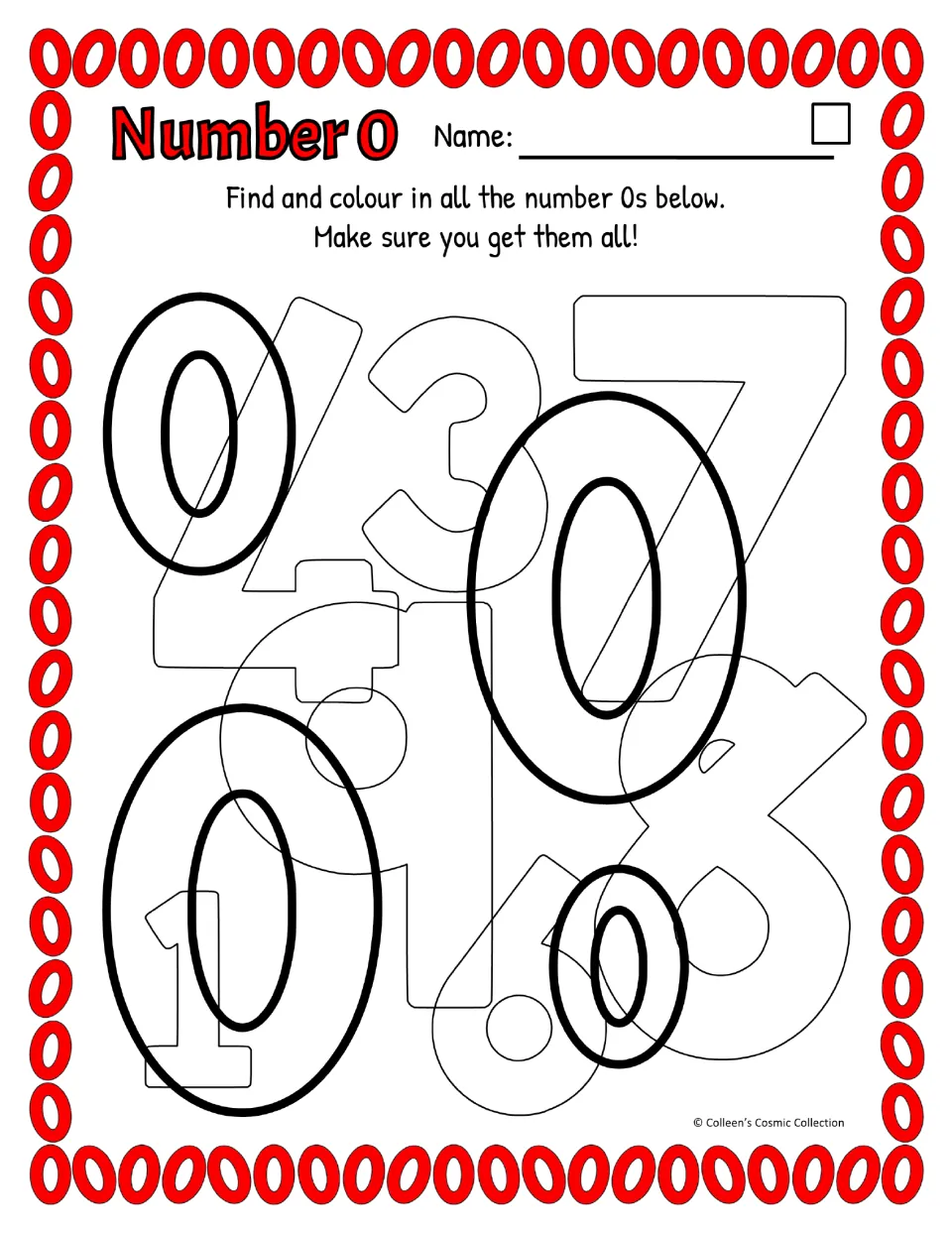 Easy number 0 activity in color: find four bold zeros among overlapping numerals, using British spelling