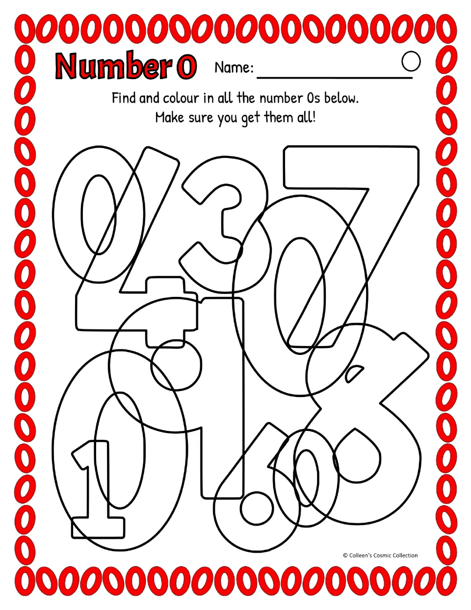 Difficult number 0 activity in color: find four zeros among overlapping numerals, using British spelling