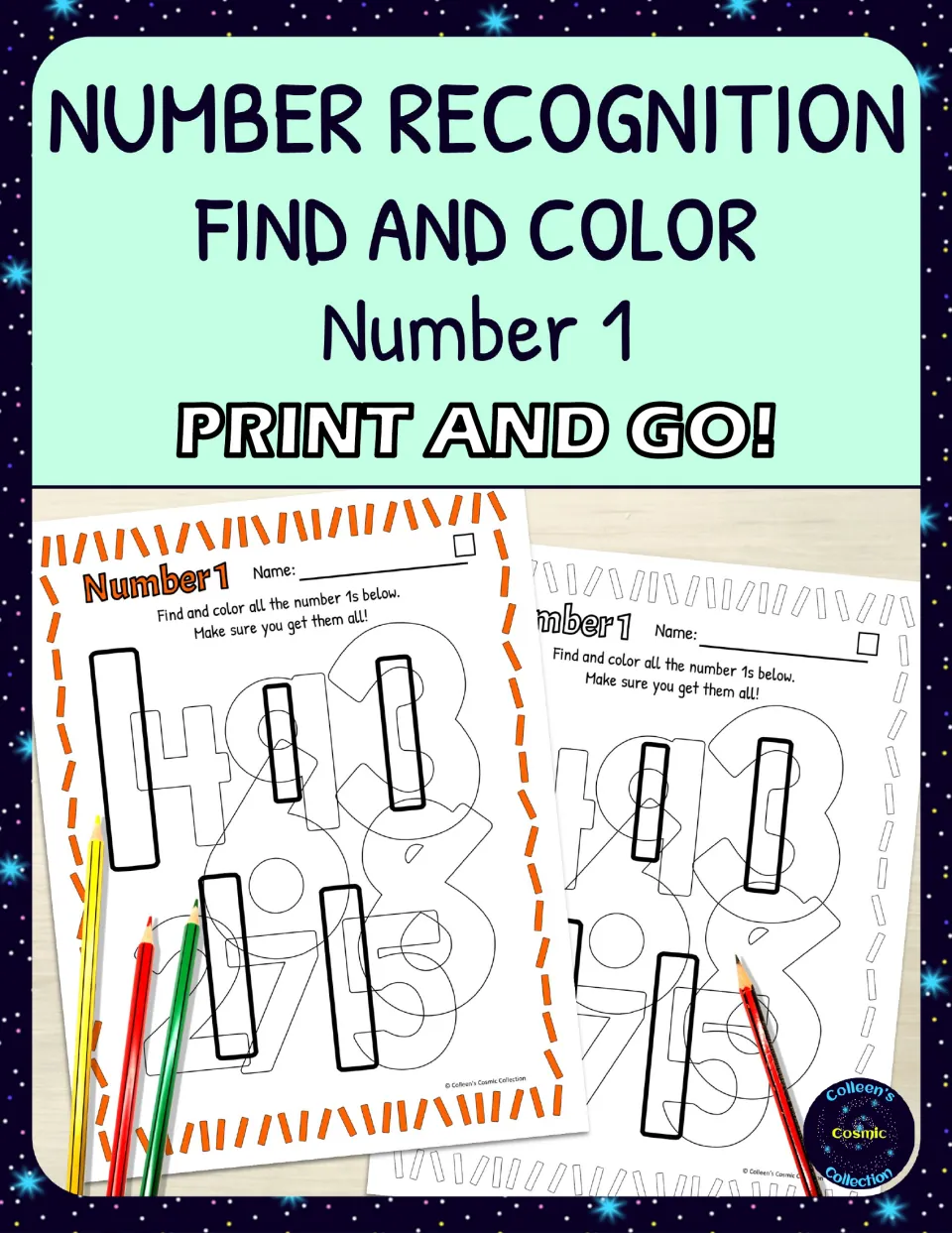 Number recognition find and color cover for number 1, showing two sample pages with bold 1s hidden among other digits