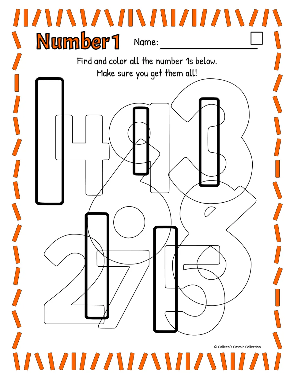 Number recognition, easy level: students find and color five bold-outlined straight 1s hidden among overlapping digits