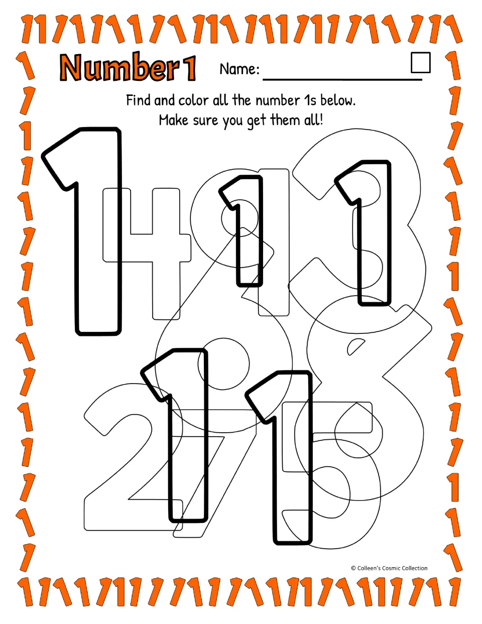 Number 1 with a flag top, easy level: students find and color five bolded 1s overlapping 4, 9, 3, 8, 2, 7 and 5