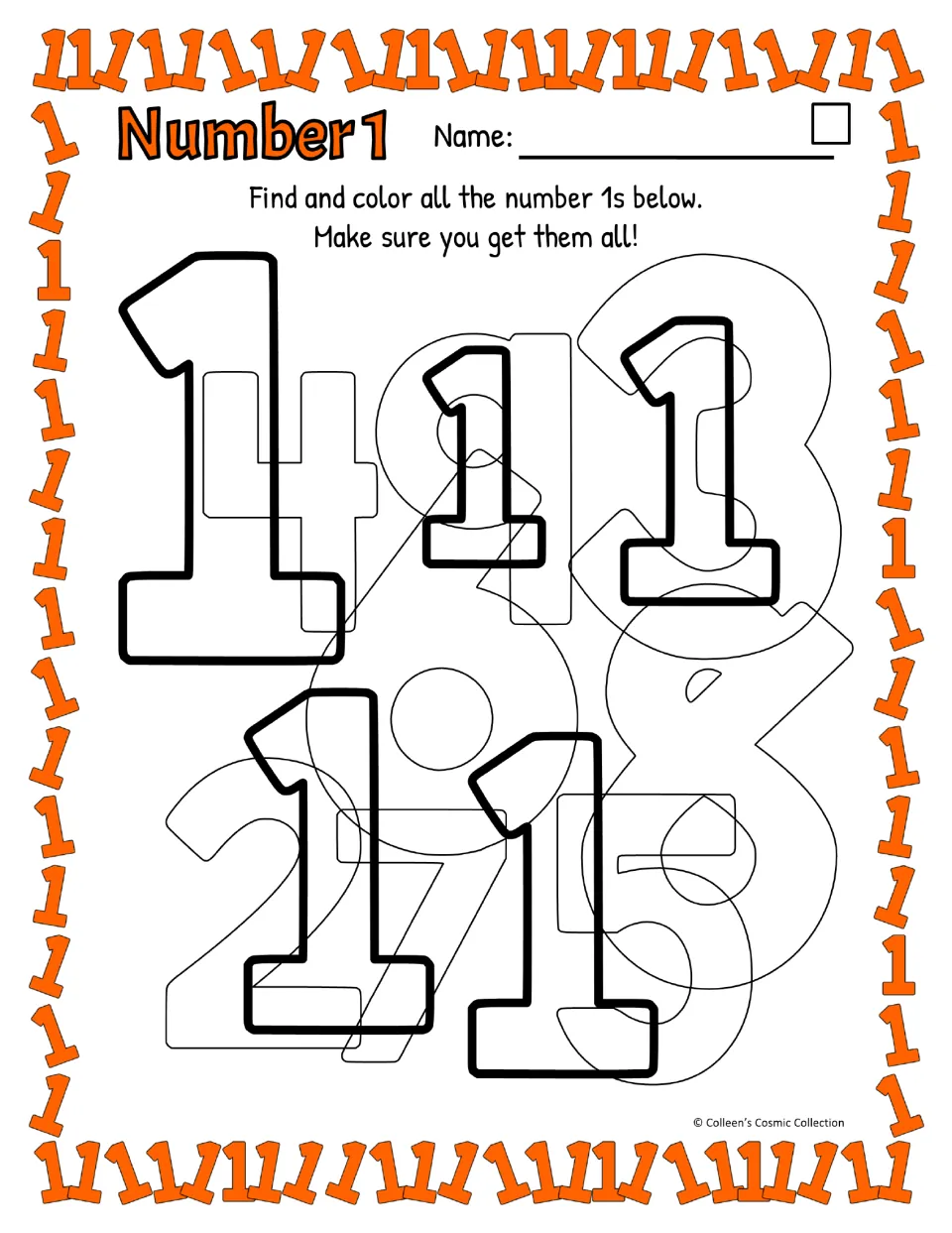 Easy find and color: five bold 1s drawn with a flag and a base line, hidden among overlapping 4, 9, 3, 8, 2, 7 and 5