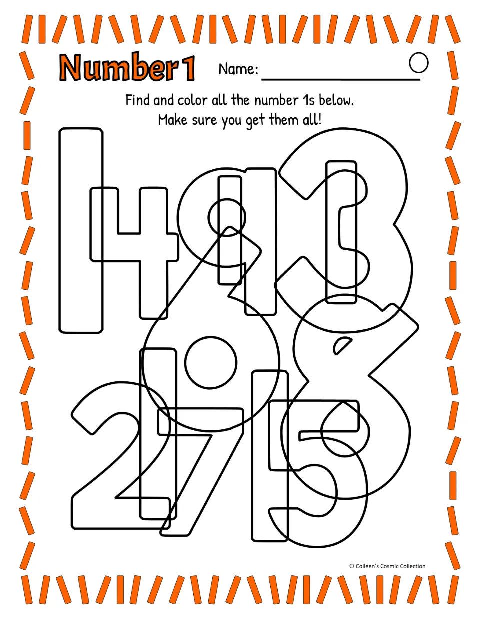 Difficult level, straight-stroke 1s: students search overlapping outlined digits of equal weight to find and color each 1
