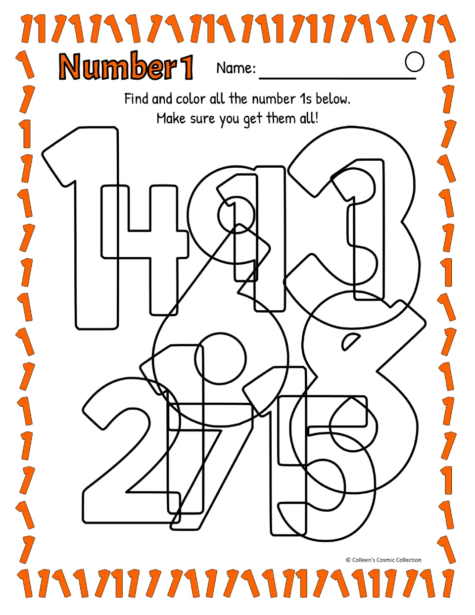 Difficult level, 1s with a flag top: all digits share one thin outline, so students trace shapes to find and color each 1