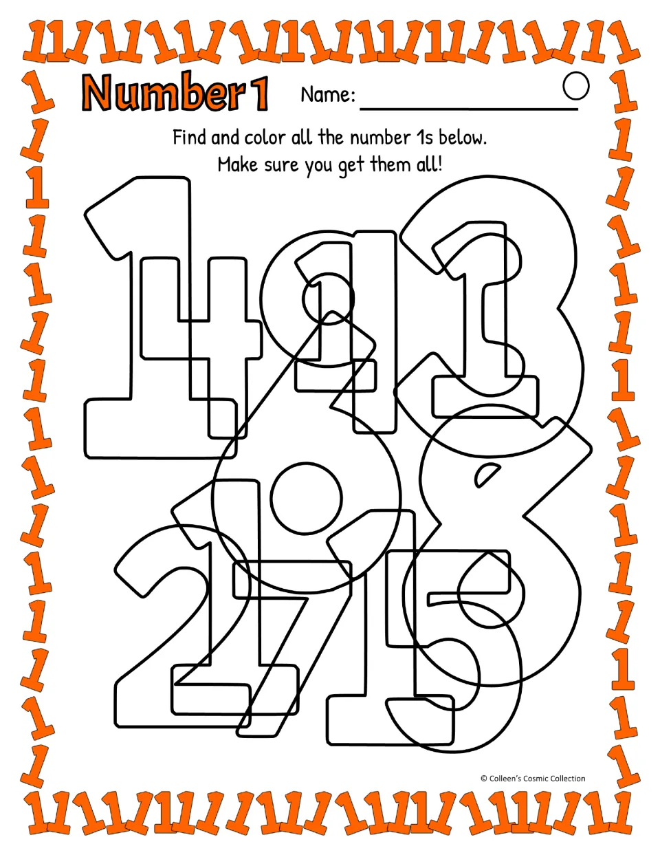 Difficult level, 1s with a flag and base: students pick out each 1 from same-weight overlapping digits and color it in