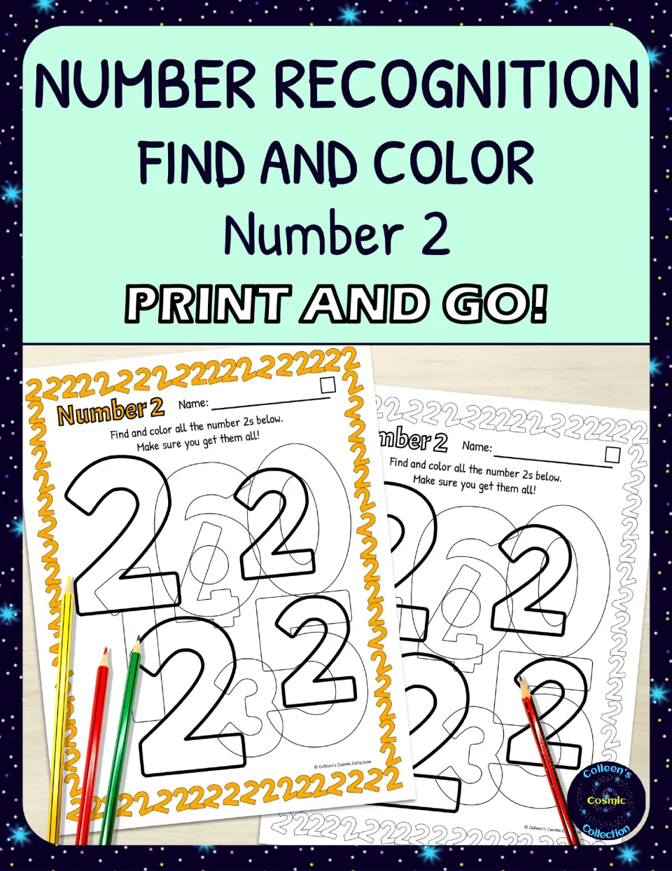 Cover of the number 2 find-and-color resource, showing sample number recognition worksheets and pencils