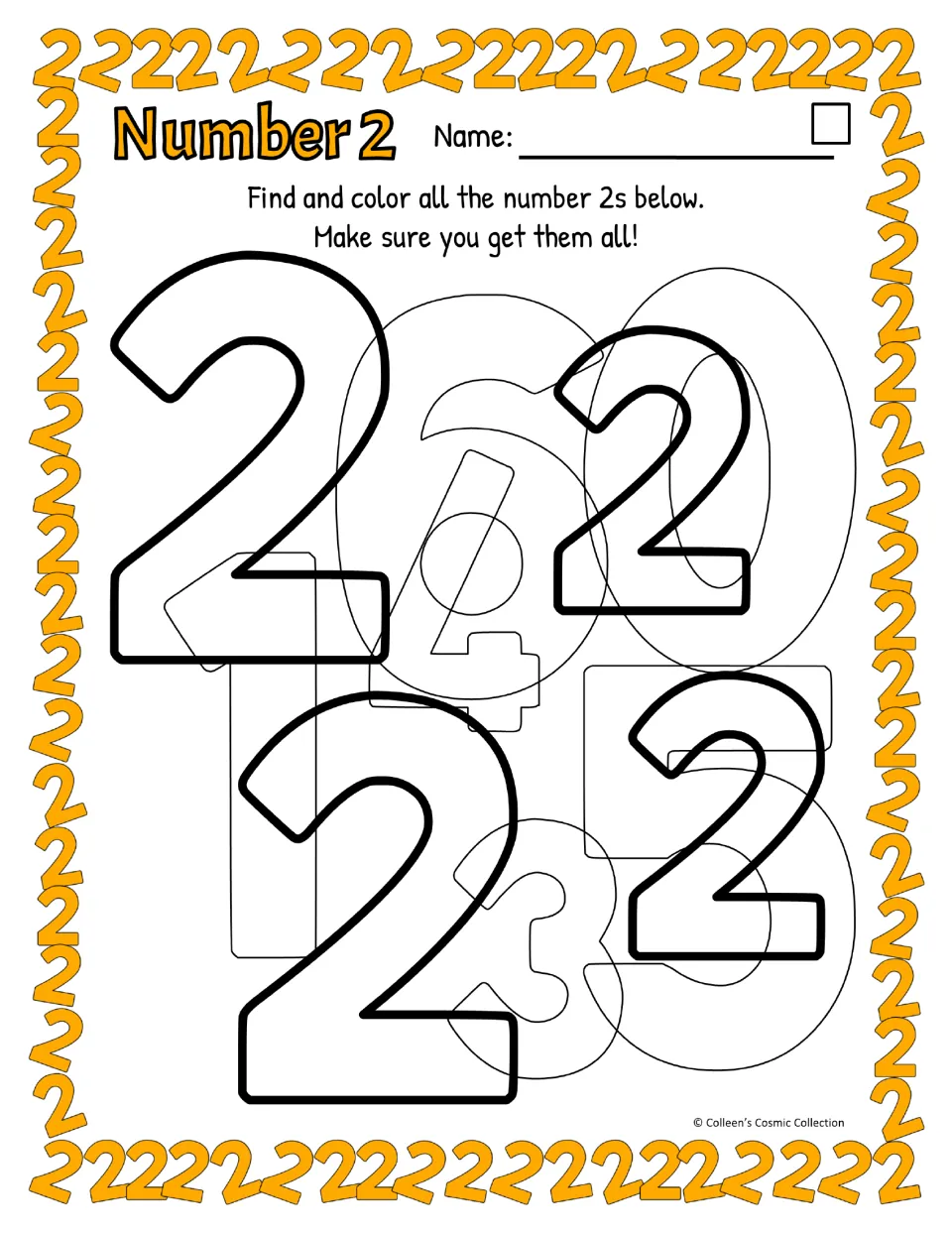 Easy number 2 activity in color: students find four bold 2s among overlapping numbers, with American wording