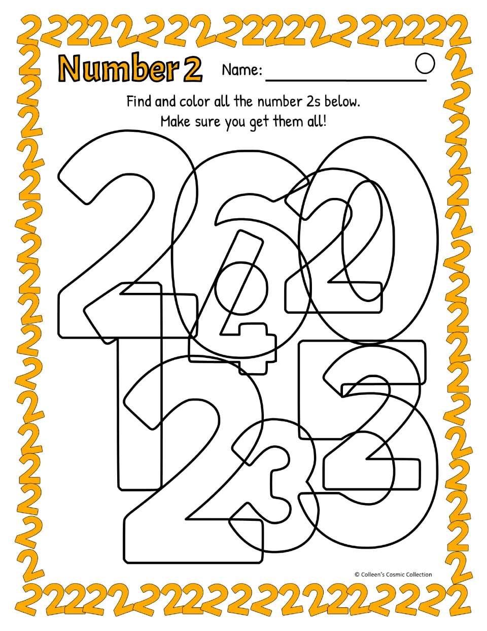 Difficult number 2 activity in color uses uniform numeral outlines to hide four 2s, with American wording