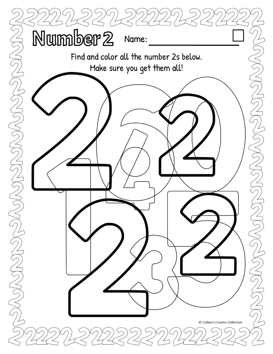 Easy black-and-white number 2 activity asks students to find and color four bold 2s, with American wording