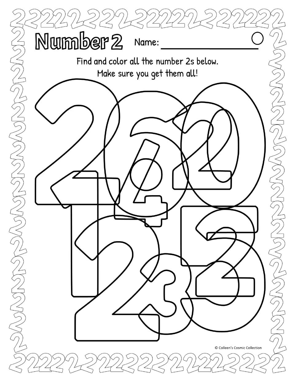 Difficult black-and-white number 2 activity has four 2s among overlapping numerals, with American wording