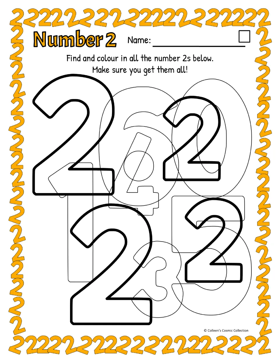 Easy number 2 activity in color uses British wording and asks students to find four bold overlapping 2s