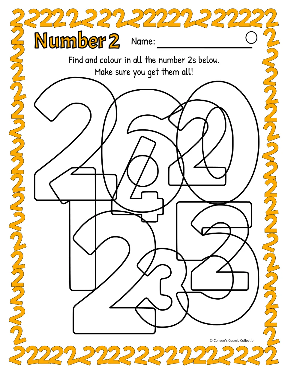 Difficult number 2 activity in color uses British wording, with four 2s hidden among overlapping numerals