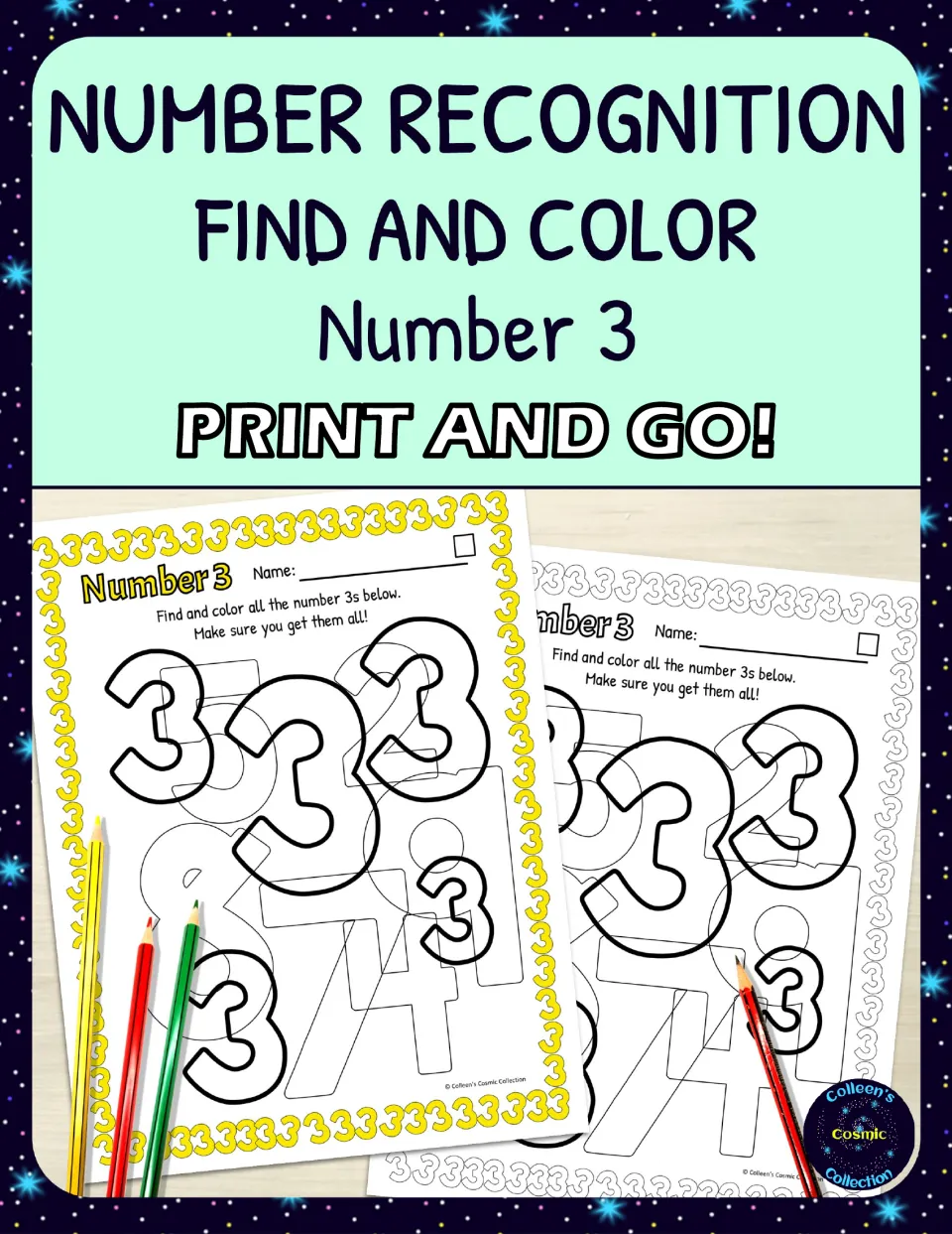 Cover for number 3 recognition activities, showing easy versions of the find-and-color worksheet