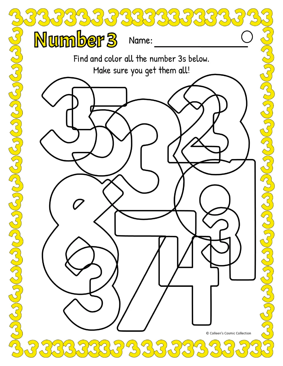 Difficult number 3 activity in color: find five 3s among equally outlined numerals, with American spelling