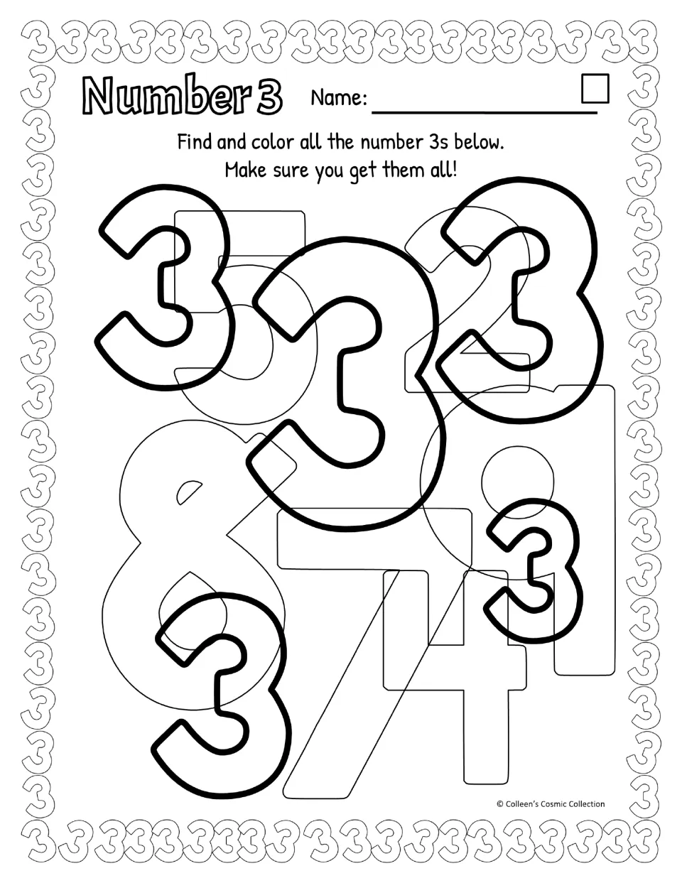 Easy black-and-white number 3 activity: find five bold 3s among overlapping numerals, with American spelling