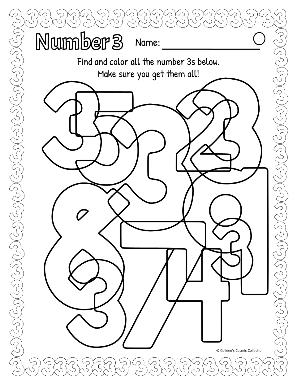 Difficult black-and-white number 3 activity uses American spelling and five 3s among equally outlined numerals