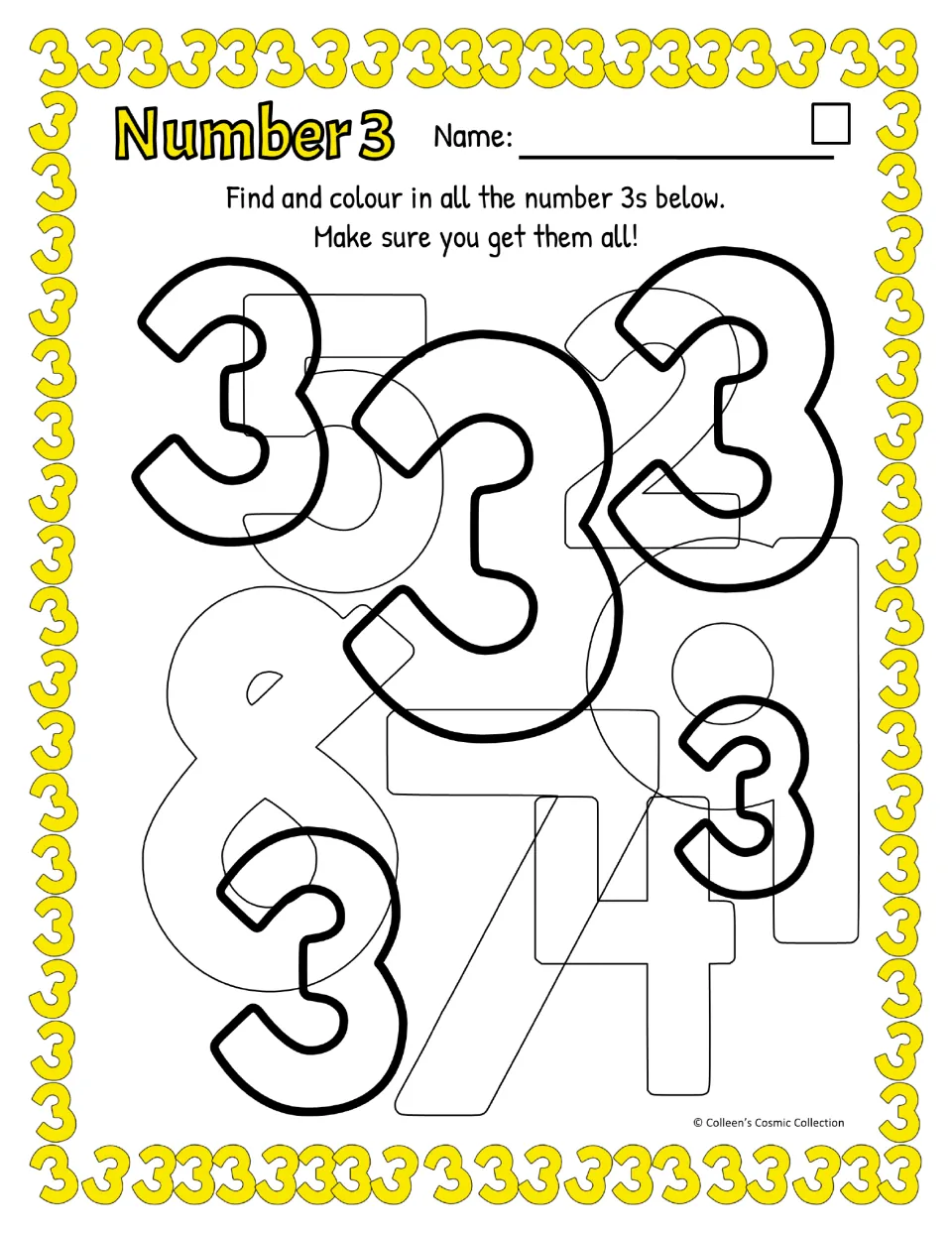Easy number 3 activity in color: find five bold 3s among overlapping numerals, with British spelling
