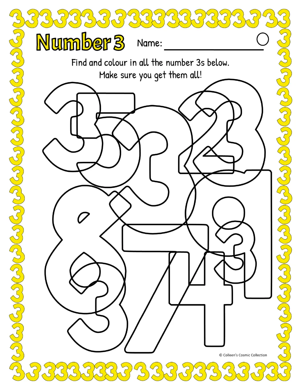 Difficult number 3 activity in color: find five 3s among equally outlined numerals, with British spelling
