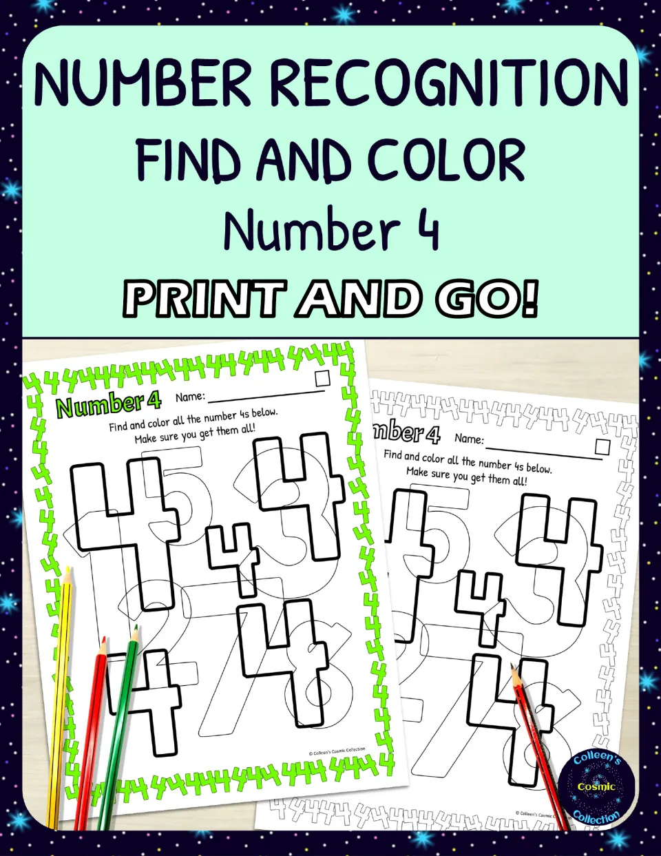 Number Recognition Find and Color Number 4 cover showing color and black-and-white sheets of hidden 4s to color in