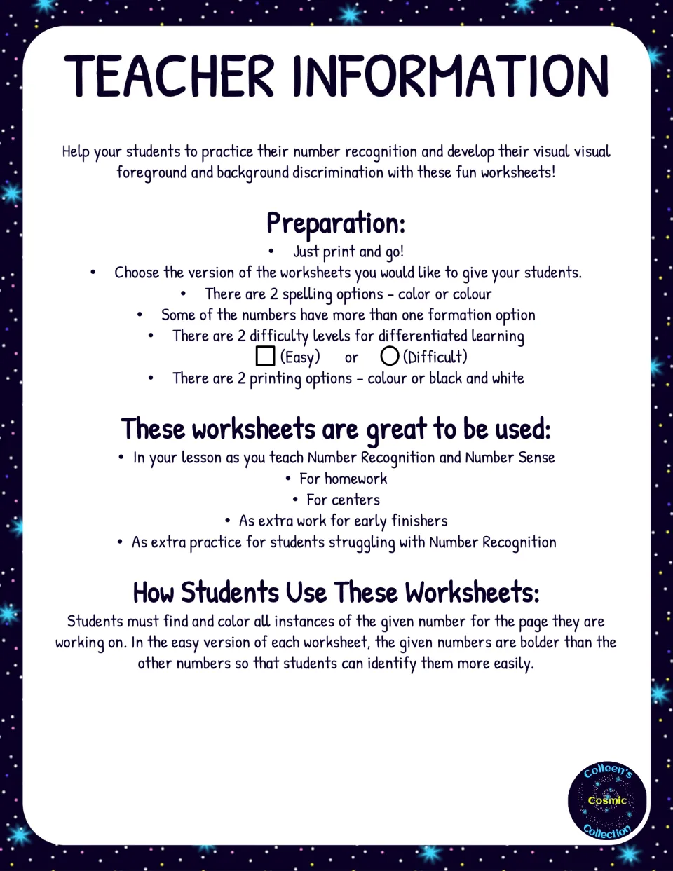 Teacher information: prep notes on spelling, easy and difficult levels and print options, plus how students find the 4s