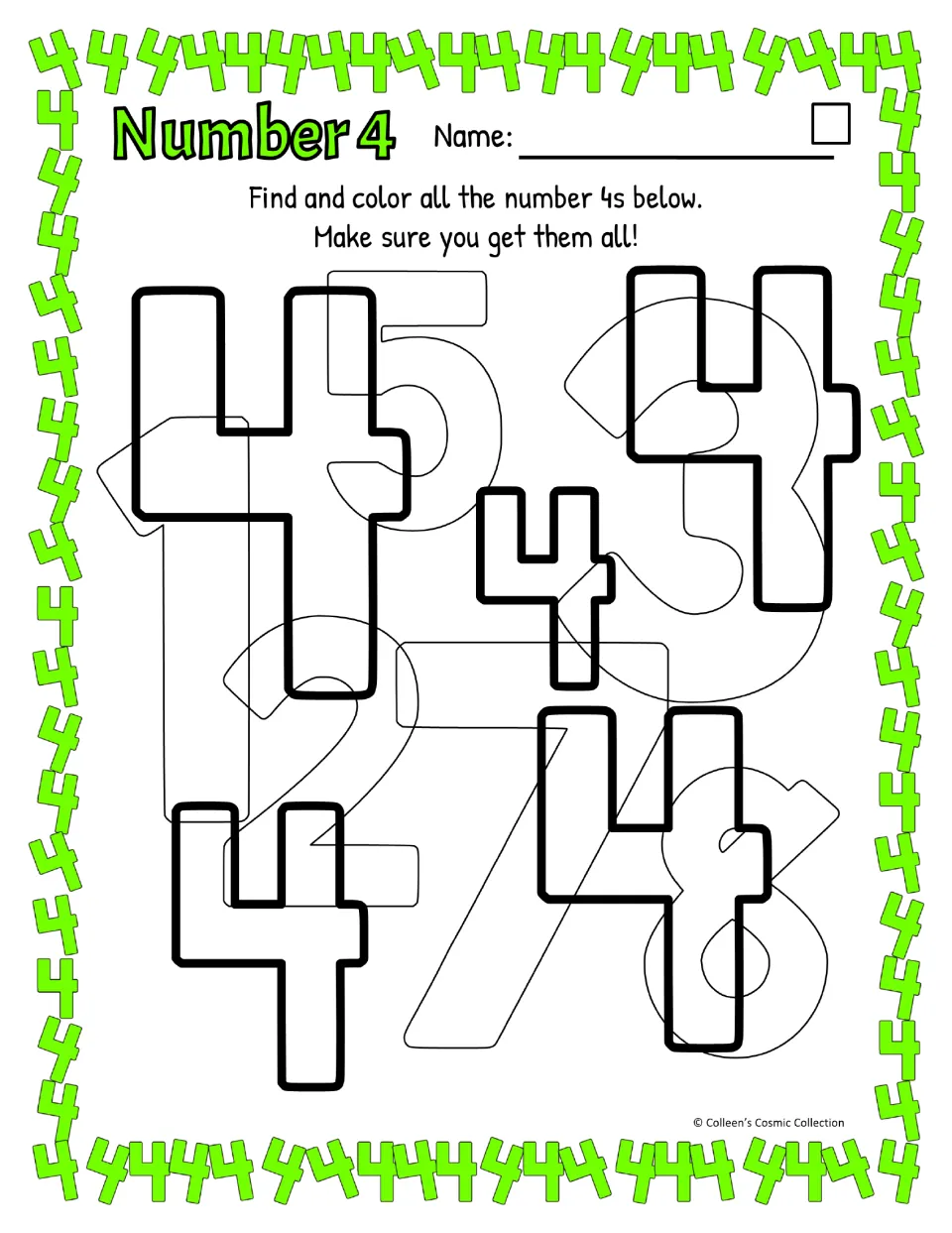 Number 4 find and color, easy level: students color five bold closed-top 4s hidden among faint outlines of 1, 2, 3, 5, 7, 8