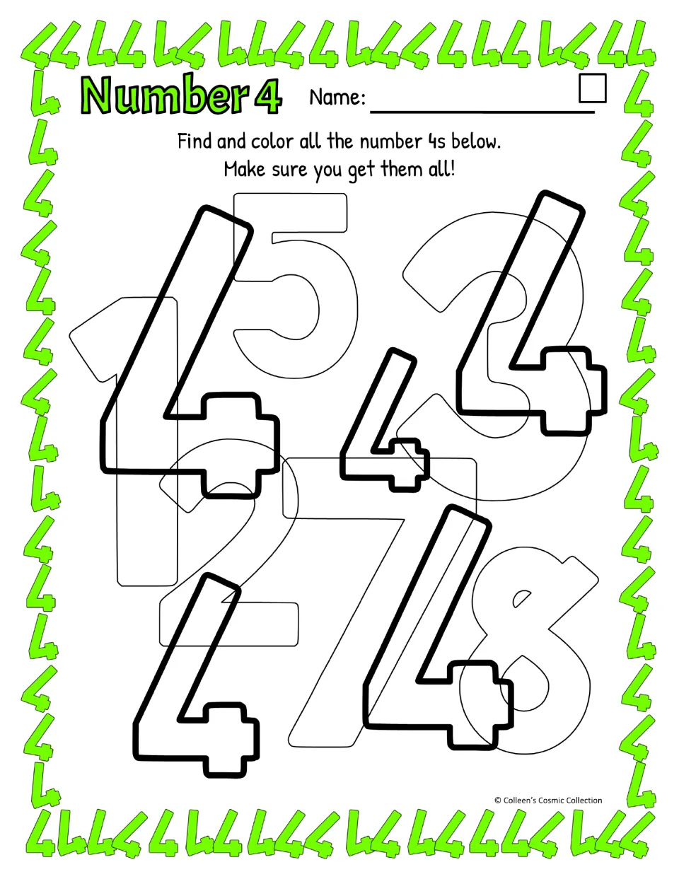 Open-style 4 search, easy level: students color five bold slanted 4s hidden among faint 1, 2, 3, 5, 7 and 8