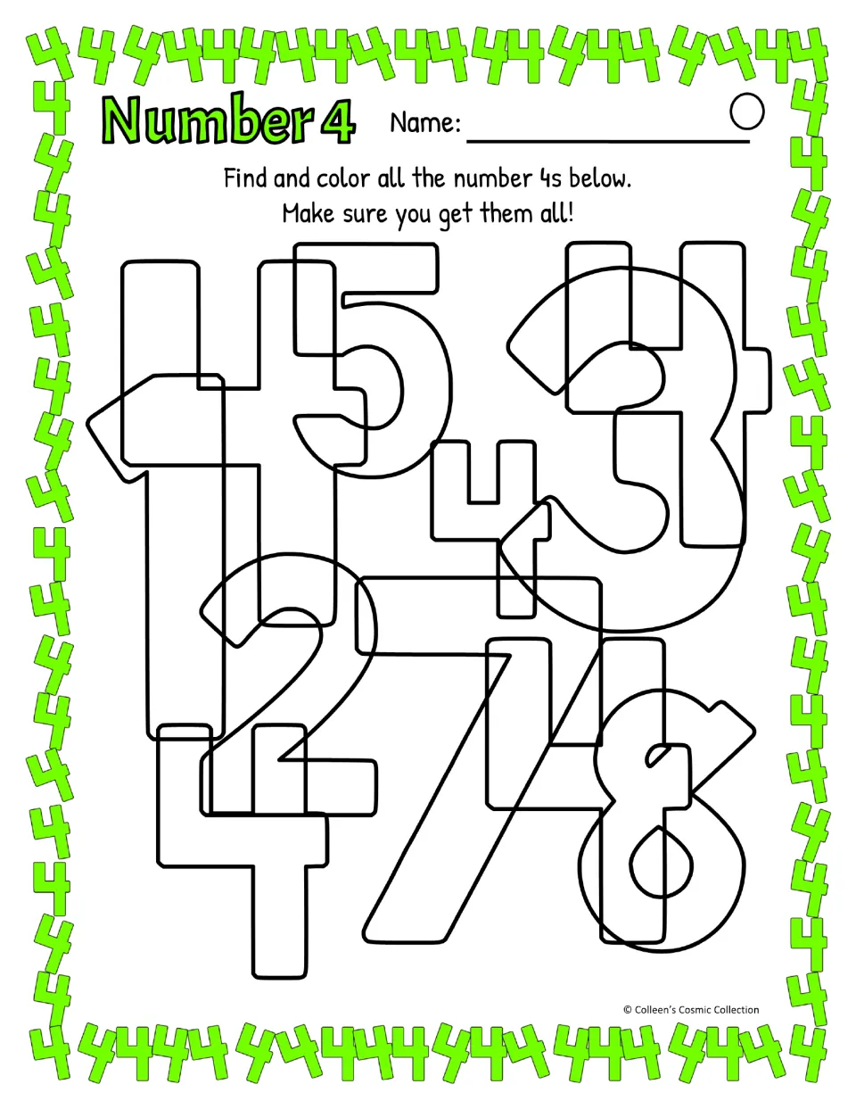 Closed 4 search, difficult level: every digit drawn in equal weight, so students hunt for all 4s among 1, 2, 3, 5, 7, 8