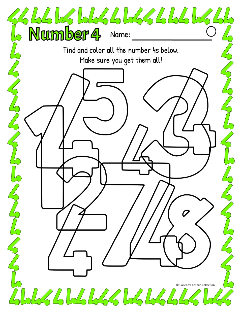 Open-style 4 search, difficult level: students color every slanted 4 hidden among same-weight overlapping digits