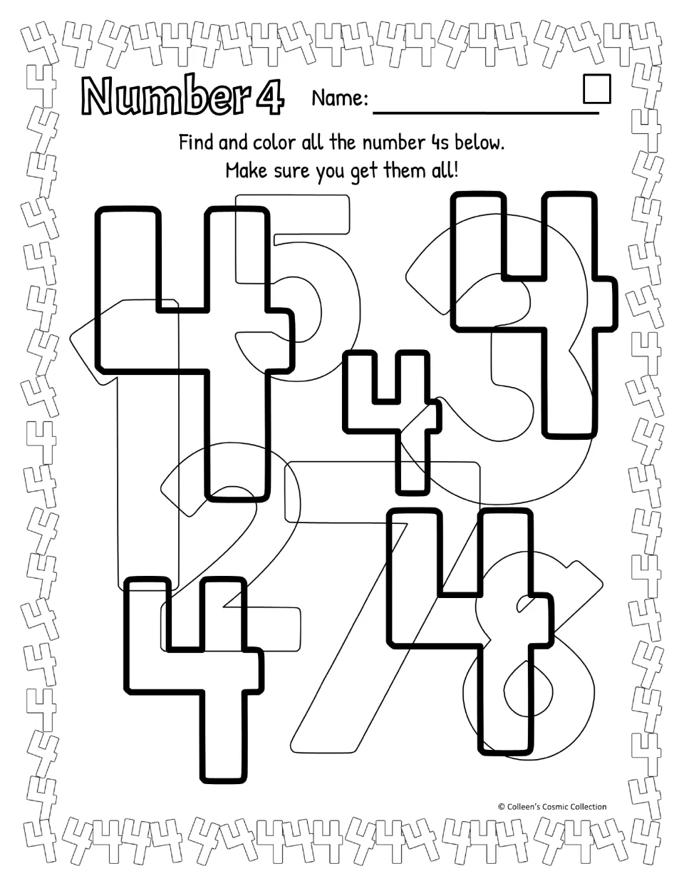 Black-and-white Number 4 find and color, easy level: five bold closed-top 4s to color among faint 1, 2, 3, 5, 7 and 8