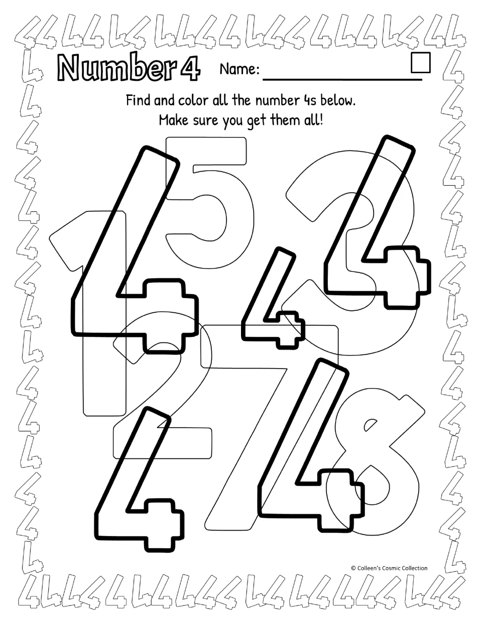 Black-and-white Number 4 find and color, easy level, open-top style: students color five bold slanted 4s among faint digits