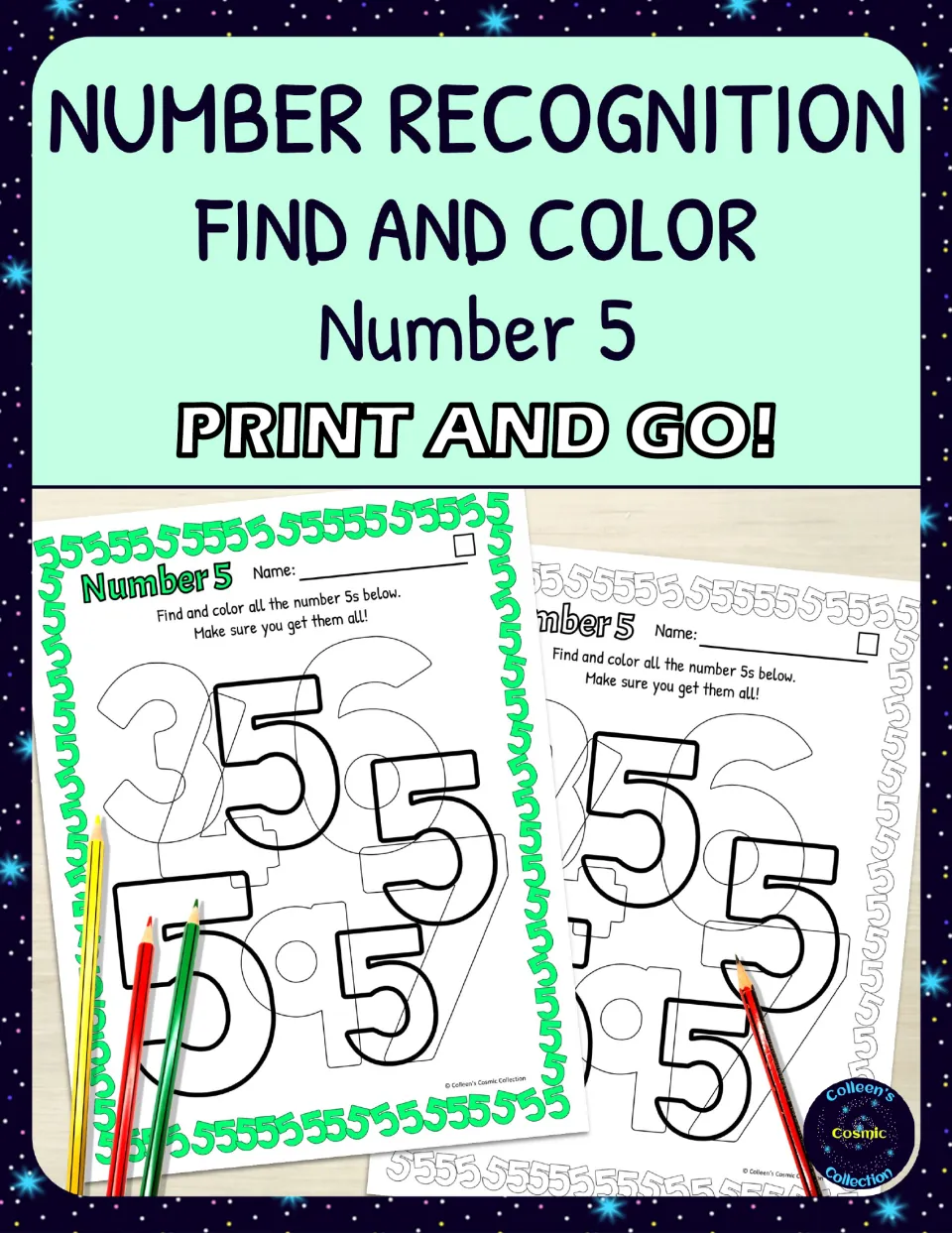 Number Recognition Find and Color Number 5 cover showing color and black-and-white sheets of overlapping 5s to color