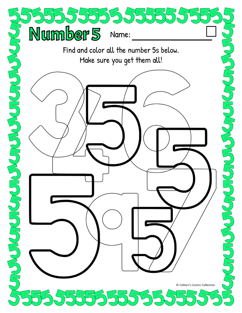Number 5 easy version: students find and color four bold-outlined 5s hidden among overlapping 3, 4, 6, 7 and 9