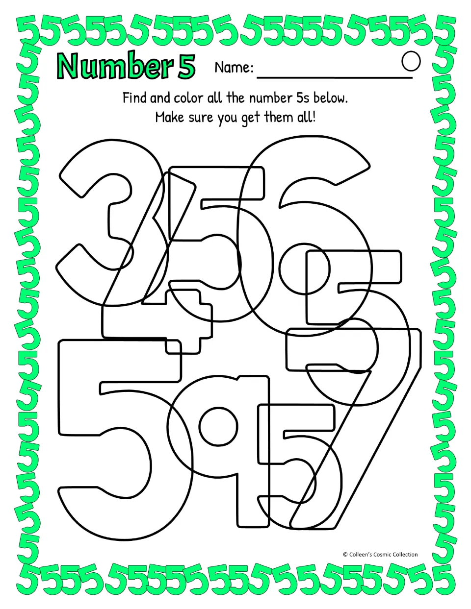 Number 5 difficult version: every digit has the same thin outline, so students must pick out the 5s from 3, 4, 6, 7, 9