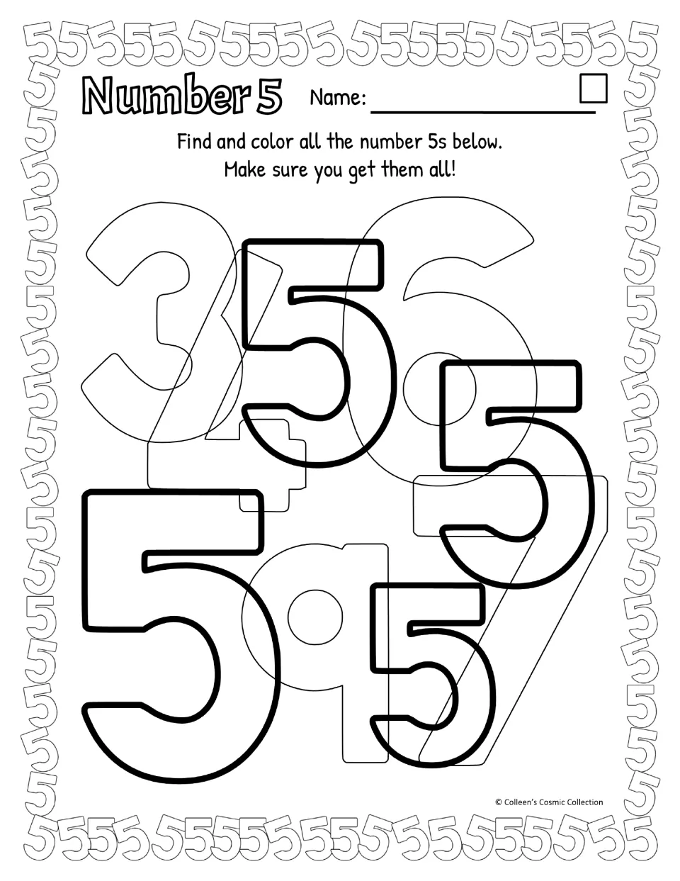 Black-and-white easy sheet: students locate and color the bold 5s among overlapping outlined digits 3, 4, 6, 7 and 9