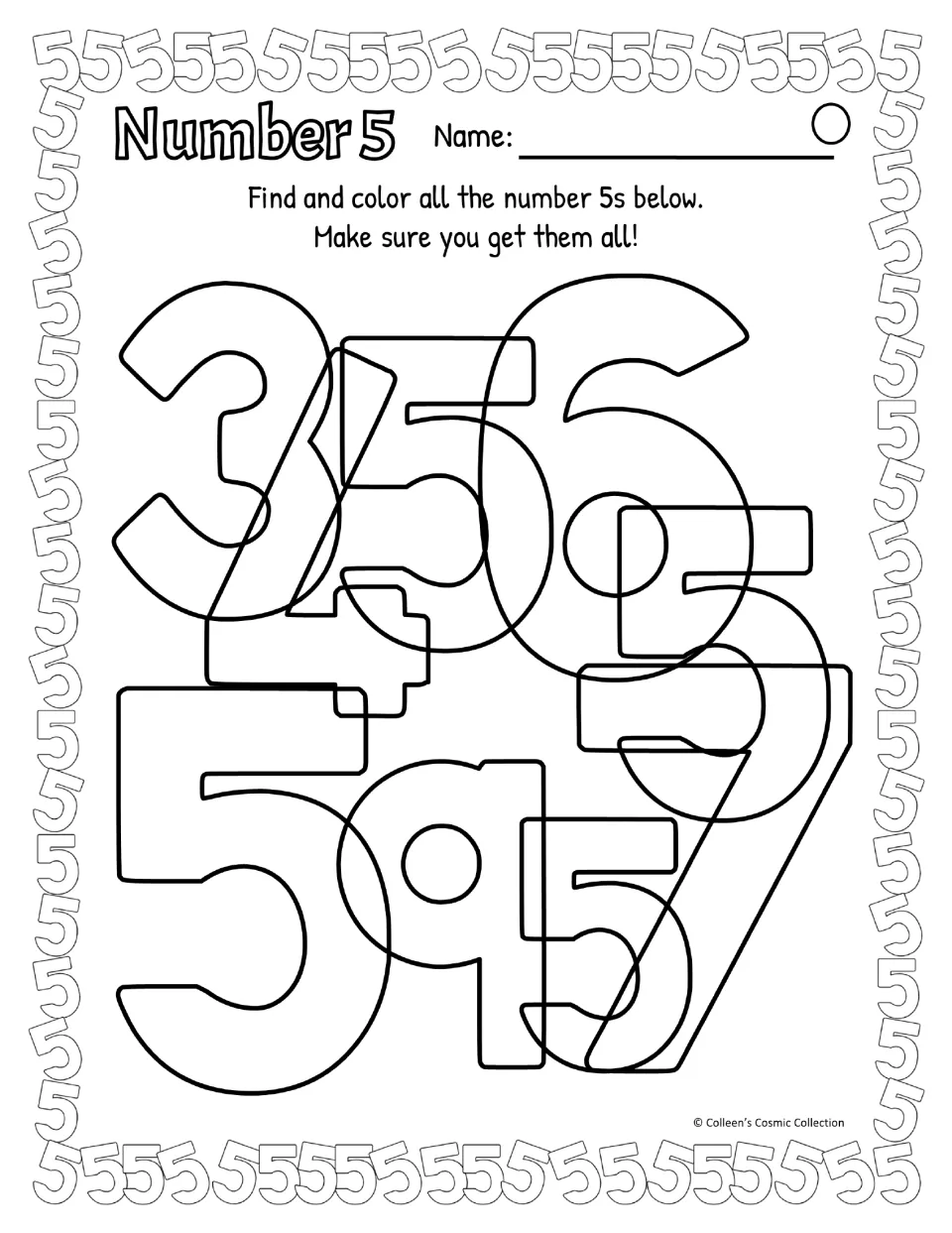 Black-and-white difficult sheet: no 5s are bolded, so students search overlapping digits to find and color each 5