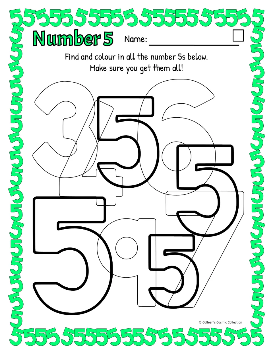 UK spelling easy sheet: 'Find and colour in all the number 5s below' with bold 5s set among overlapping 3, 4, 6, 7, 9