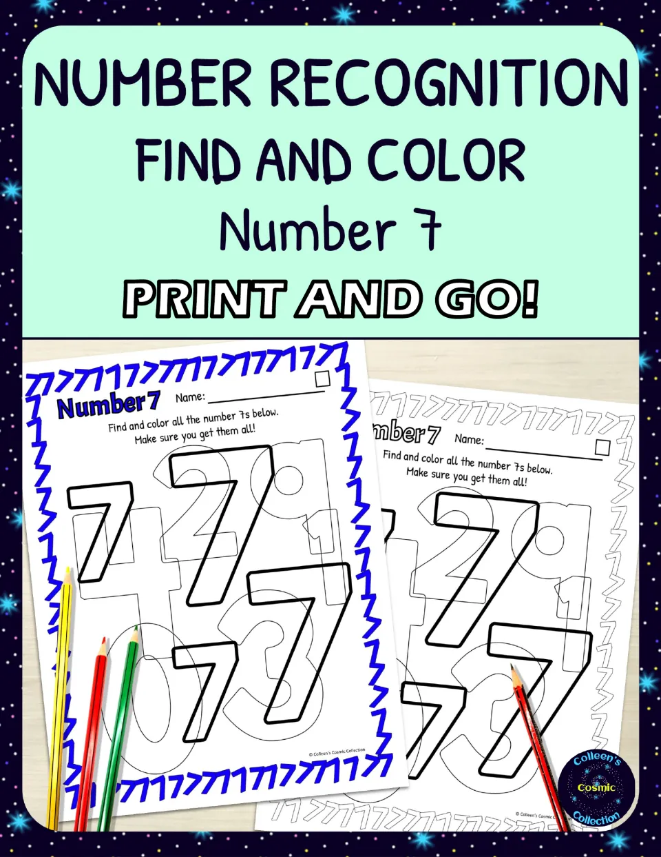 Number 7 find and color cover: two sample sheets where children find and color 7s hidden among overlapping numbers