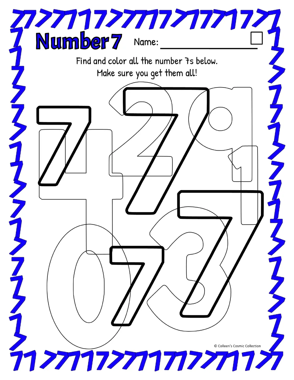 Number 7 find and color, easy version: students color the four bold-outlined 7s hidden among overlapping digits