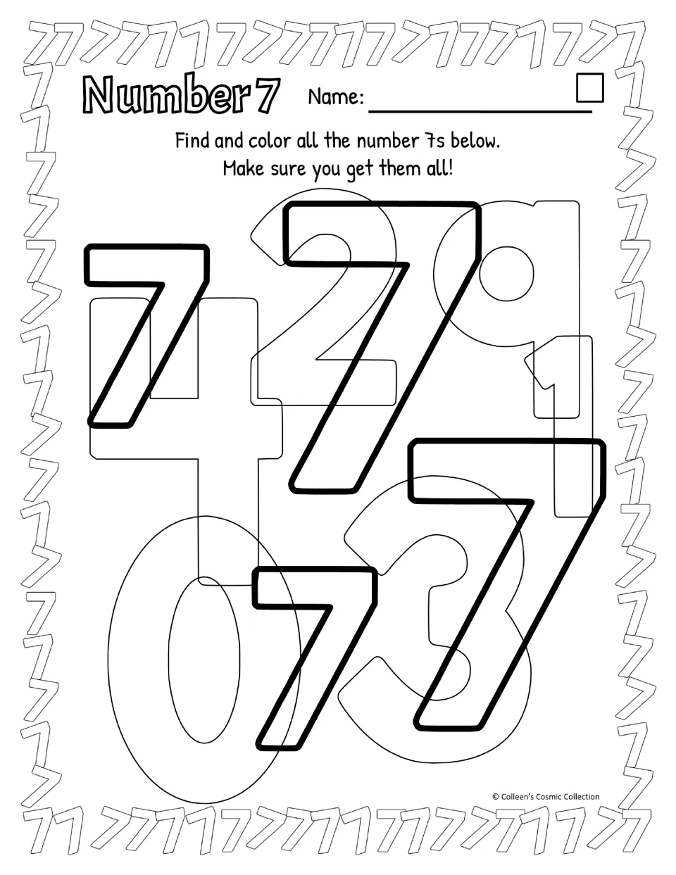 Black-and-white easy sheet: number 7 find and color with the four 7s outlined in bold for visual discrimination