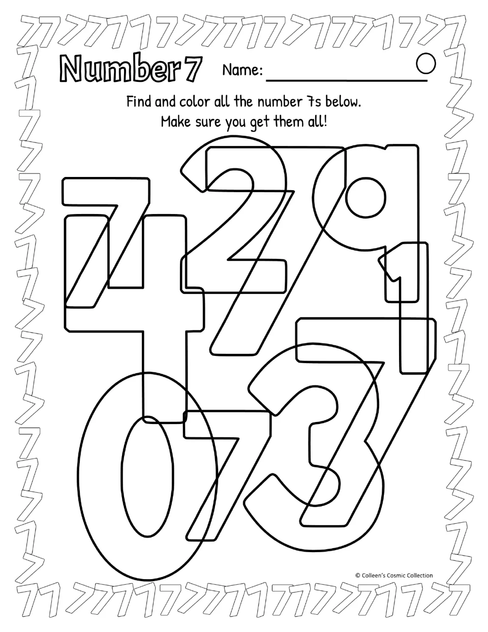 Black-and-white difficult sheet: students find and color four 7s with no bold cues among overlapping 0, 1, 2, 3, 4 and 9